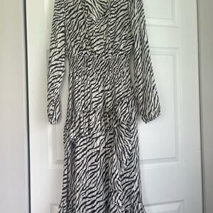 Maje Black and White Zebra-Print Long Sleeve Tiered Dress
